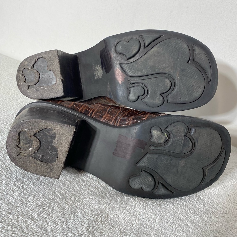 Vintage 90s Skechers Brown Croc Embossed Faux Leather Chunky Heeled Loafers 6.5 - Picture 5 of 14